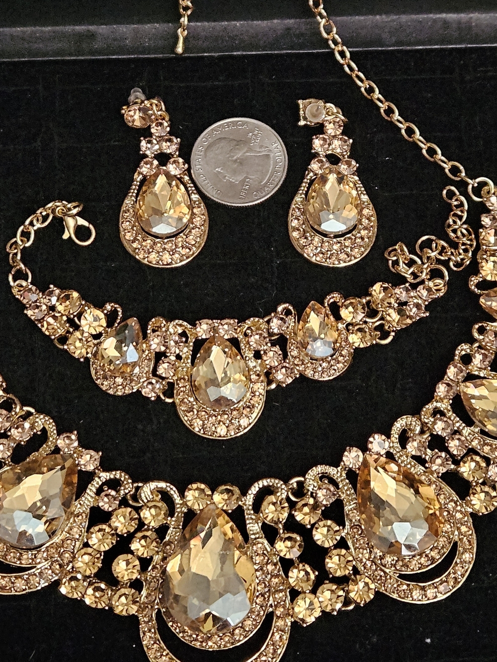 Gold Teardrop Crystal Necklace and Earring Set
